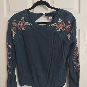 Blue Rain Teal Floral Embroidered Blouse